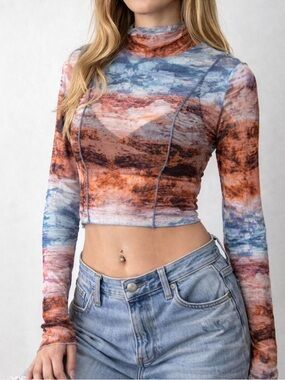 Wild Fable Mesh Long Sleeve Top Abstract Print Y2K Sheer Fitted Size M